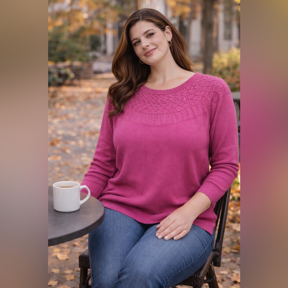 Talbots Pink Cable Knit Sweater Medium Cotton Cashmere Blend Long Sleeve